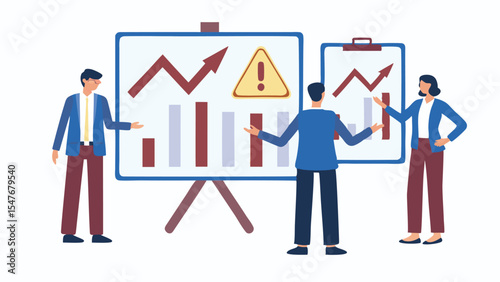 Business team presenting financial data with charts and graphs on presentation boards in a meeting room