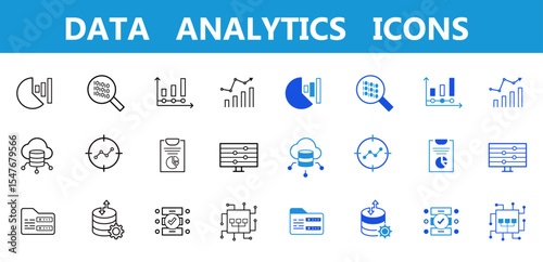 Data Analytics line and flat Icons set. Database, statistics, server, network, big data, data processing, data mining, monitoring, computing icons. Editable vector illustration