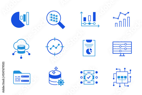 Data Analytics solid flat Icons set. Database, statistics, server, network, big data, data processing, data mining, monitoring, computing icons. Editable vector illustration