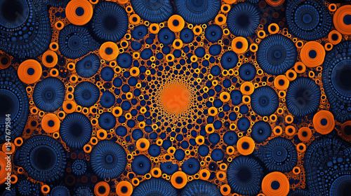 A blue and orange circular pattern with many circles of varying sizes creates the illusion of movement in the background. The movement or fluidity, as if you see everything spinning around each other 