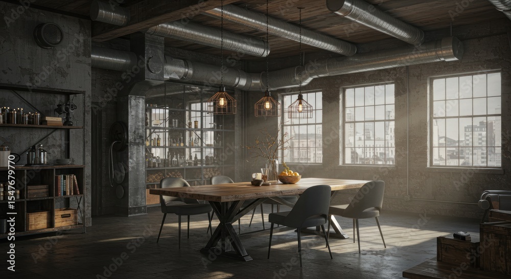 Fototapeta premium Industrial chic room interior with large windows