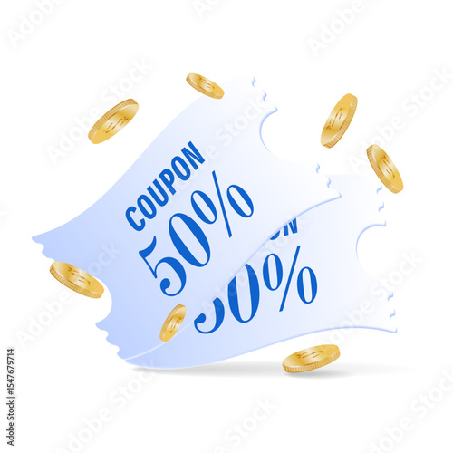 A 50% discount voucher and flying coins. A gift code or a bonus in the store. A special offer. Issuing purchase certificates. Advantages when making purchases. Store promotion. Vector concept