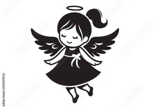 children angel little girl with wings of silhouette vector, silhouette angel girl with wings, children angel little girl logo design on a white background.