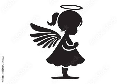 children angel little girl with wings of silhouette vector, silhouette angel girl with wings, children angel little girl logo design on a white background.