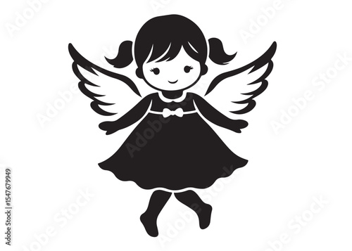 children angel little girl with wings of silhouette vector, silhouette angel girl with wings, children angel little girl logo design on a white background.