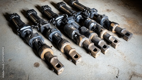 Industrial Tools Lined Up on Concrete Floor for Heavy Machinery Use