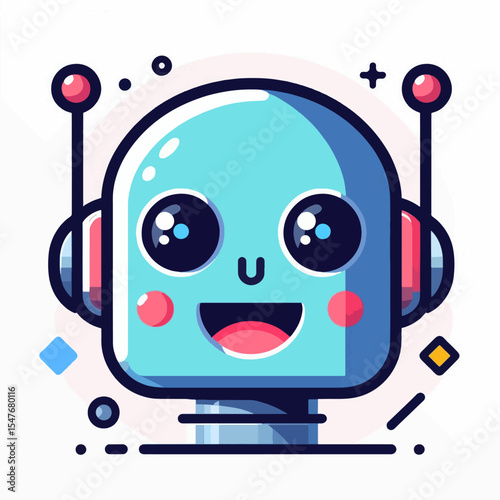 Stylized, cartoonish robot head design featuring large eyes, a wide smile, and friendly colors.  The image evokes a cheerful and positive character.