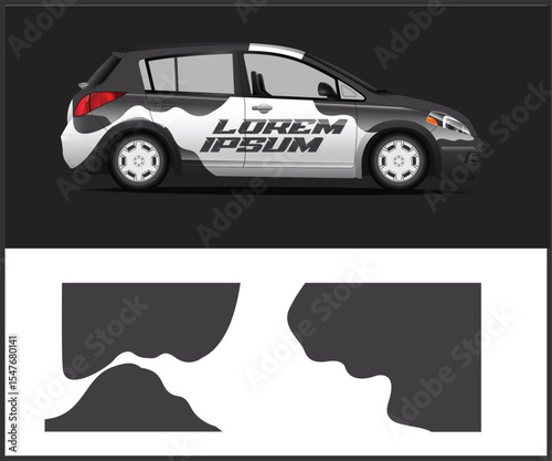 Car Wrap Design Template with Abstract Shapes and Placeholder Text on a Hatchback