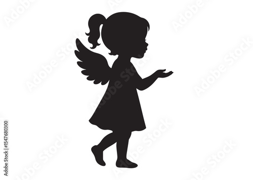 children angel little girl with wings of silhouette vector, silhouette angel girl with wings, children angel little girl logo design on a white background.