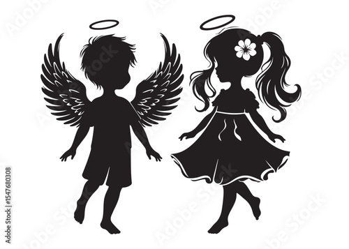 children angel little girl with wings of silhouette vector, silhouette angel girl with wings, children angel little girl logo design on a white background.