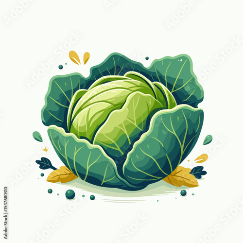 Cartoonish, decorative representation of a cabbage, encircled by its leaves.  The art style is bright and whimsical.