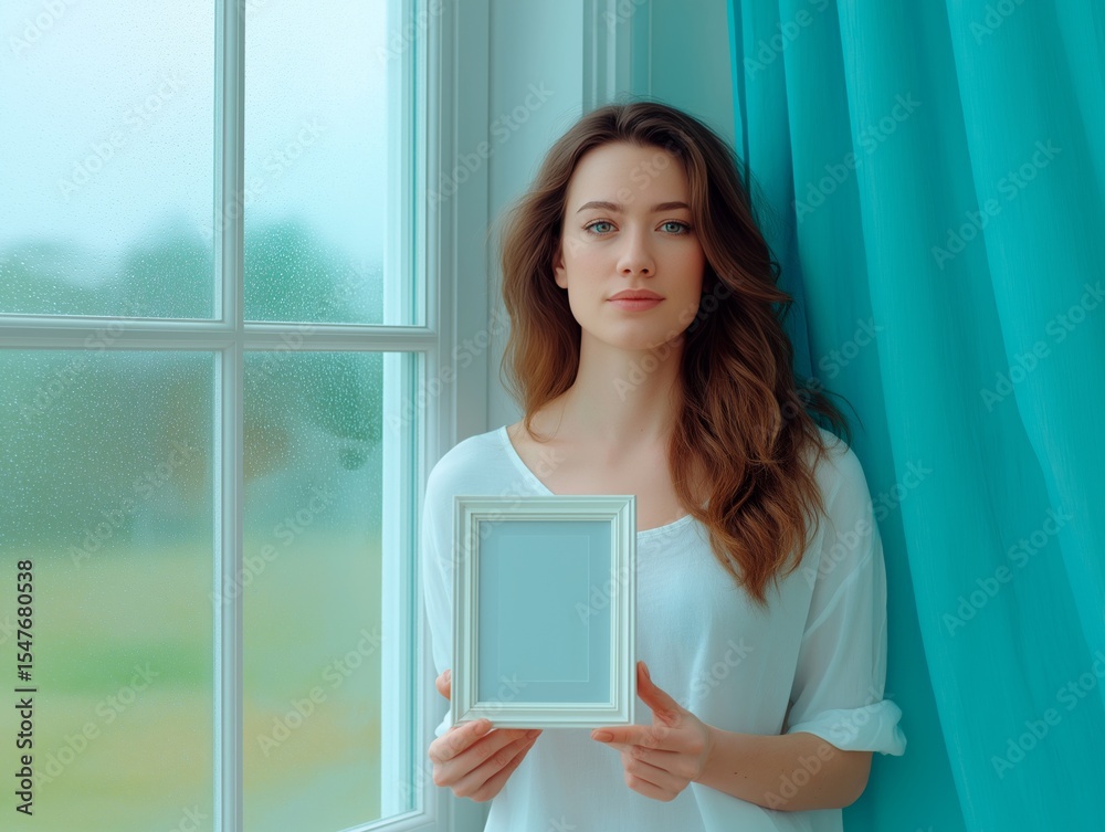 Young woman with long hair holding a blank picture frame near a window, surrounded by soft curtains, creating a serene atmosphere for personal expression and creativity Young woman with long hair holding a blank picture frame near a window, surrounded by soft curtains, creating a serene atmosphere for personal expression and creativity
