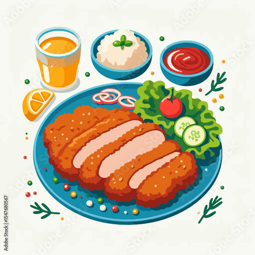 Vibrant illustration of a breaded cutlet, served with rice, sauce, and assorted vegetables, presented on a patterned plate, against a light background.