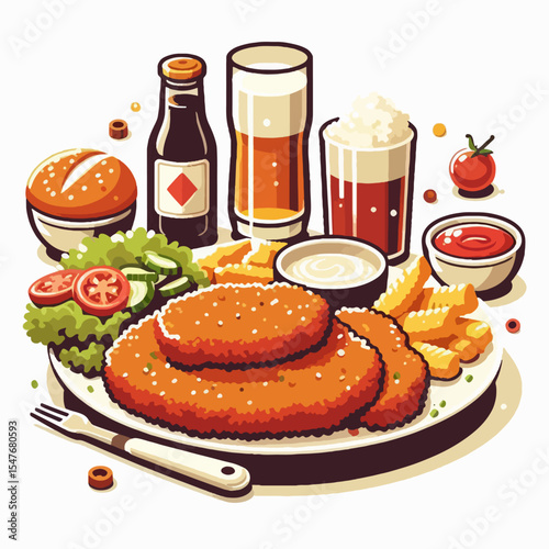 Vibrant graphic of a meal featuring fried food, including cutlets, french fries, salad, and drinks, arranged on a plate.