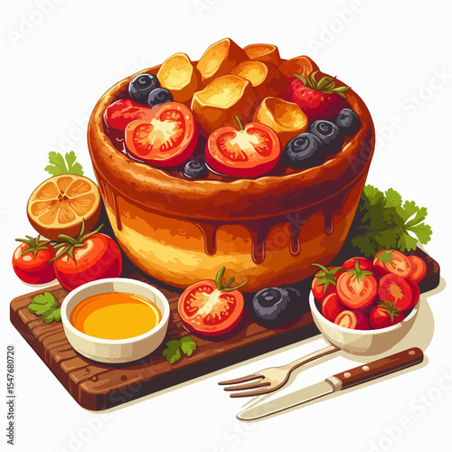 A vibrant illustration of a large dessert bowl filled with sliced tomatoes, blueberries, and golden pastry, surrounded by fresh fruits, honey, and cutlery on a wooden board.