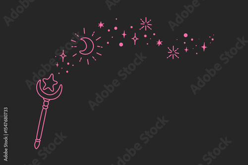 Magic fairy wand vector girly illustration. Moon and stars doodle elements.