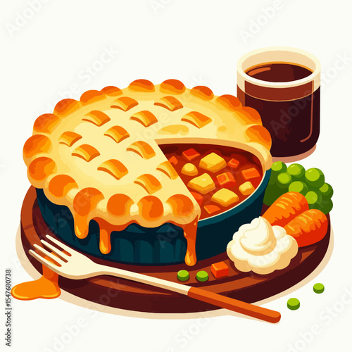 Colorful graphic illustration of a hot meat pie, accompanied by a drink and side vegetables, served on a wooden plate.