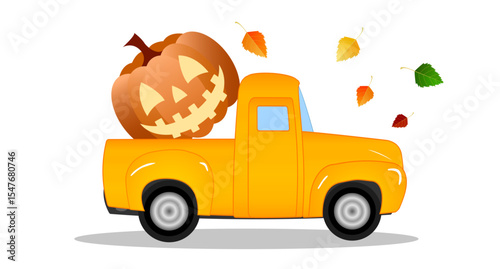 A bright orange truck drives through an autumn landscape, featuring a large carved pumpkin in its bed. Halloween. Colorful leaves fall gently, creating a festive seasonal atmosphere