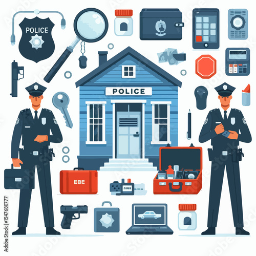 Graphic illustration of police officers, their equipment, and a police station, displayed on a white background.  Various tools and accessories used in police work are depicted.