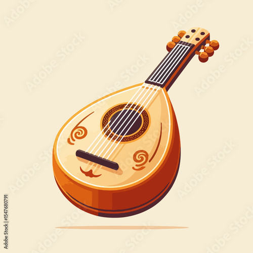Stylized depiction of an oud, presented in a flat design with muted colors and intricate decorative motifs.