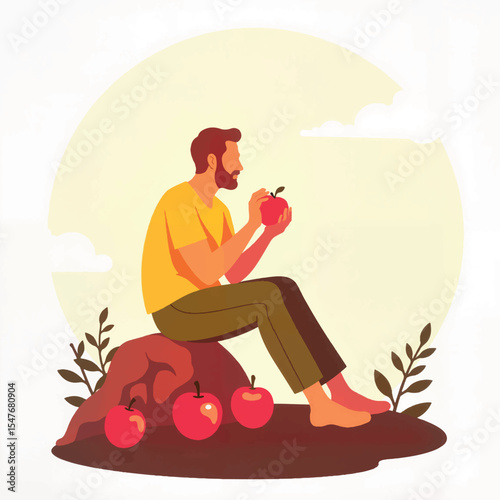 Relaxed man enjoying apples in the sun, gratitude and mindfulness