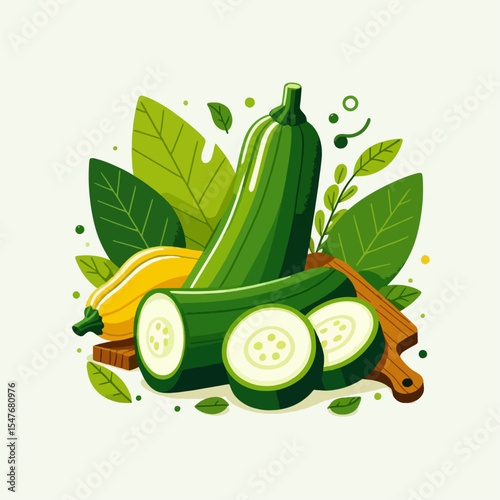 Digital illustration showcases a group of zucchini and a squash, placed on a stylized wooden cutting board, surrounded by leaves and other decorative elements.  The image is bright and colorful.