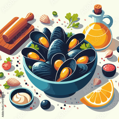 Vibrant illustration displays cooked mussels in a teal bowl, surrounded by various cooking ingredients and utensils, in a colourful, graphic style.
