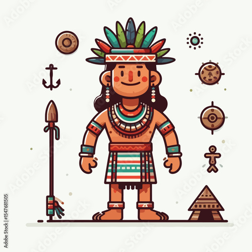 Cartoonish, flat representation of a person in traditional tribal attire, adorned with various cultural accessories and symbols.