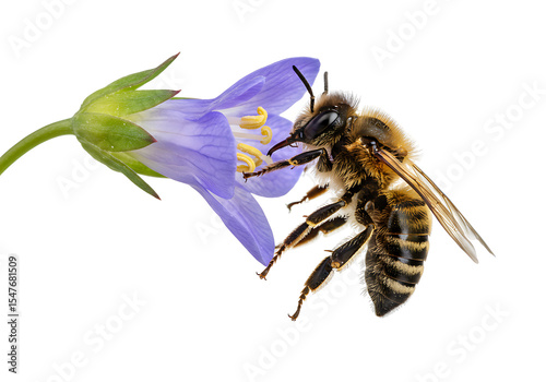 Bee on a light purple flower set against a black background