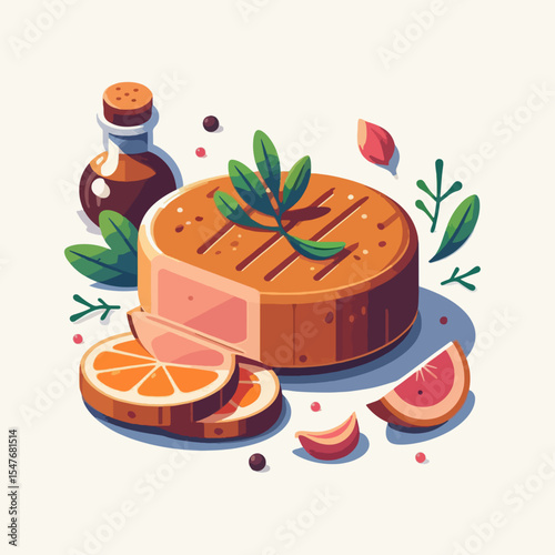 Colorful flat illustration of a grilled meat cut with citrus slices, herbs, and balsamic vinegar.