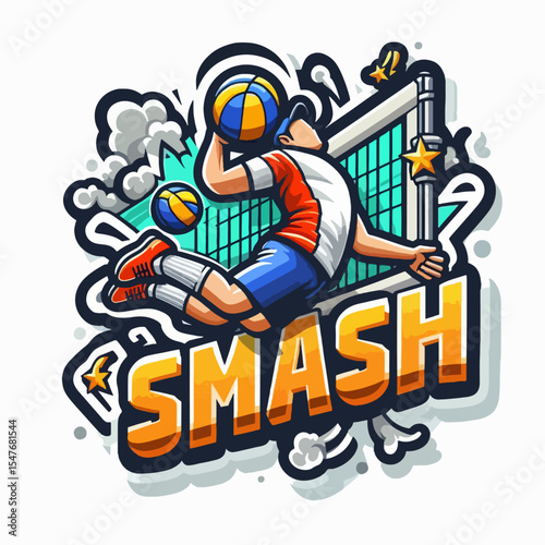 Vibrant illustration depicts a dynamic volleyball player in mid-air, showcasing a powerful smash.  The graphic style emphasizes energy and motion.