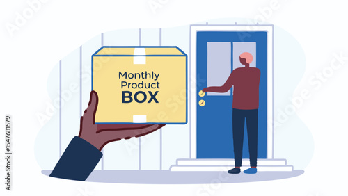 Hand holding a monthly product box with a person standing at a blue door with white trim waiting to receive it