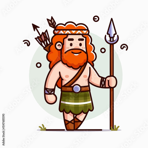 Cheerful, stylized illustration of a male figure dressed in a kilt and holding a spear.  He has a reddish beard and curly hair.
