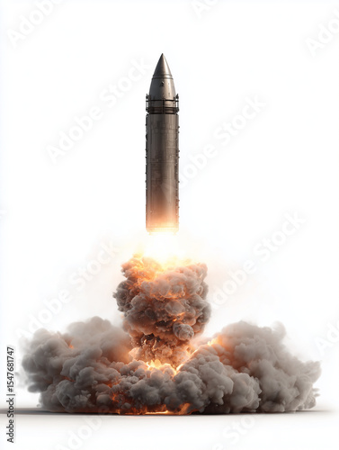 realistic rocket military missile shooting from a silo, white background