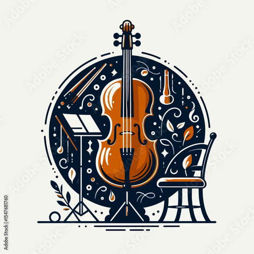Stylized, decorative graphic composition of a cello, music accessories, and decorative elements.  The image displays a modern artistic approach to the theme of music.