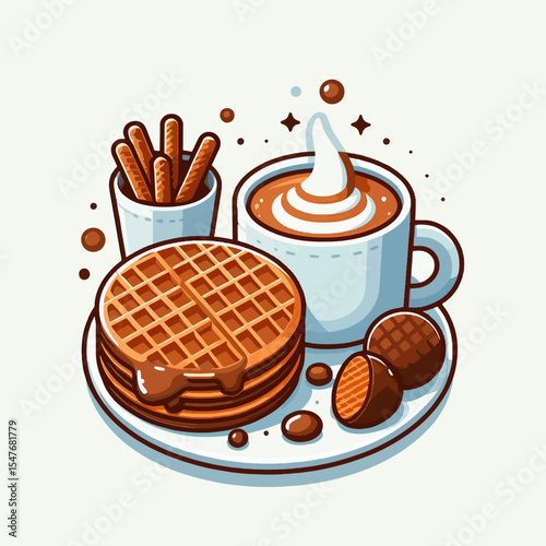 Digital illustration displays a round platter with a waffle stack, coffee, chocolate balls, and pretzels.