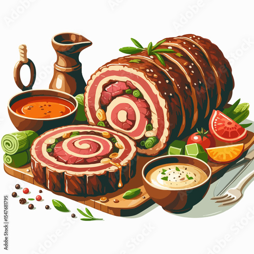 Juicy meat roll, sliced open to reveal layers of flavorful filling, is presented on a wooden platter with vibrant accompaniments.
