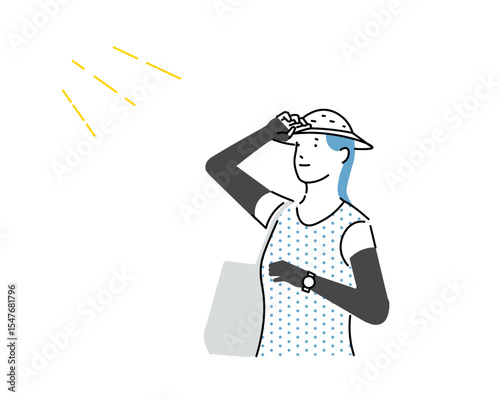woman basking in the sun-illpopart of summer-gloves and hats protect skin from ultraviolet rays-illpopart of person太陽の日差しを浴びる女性ー夏ー手袋や帽子で紫外線から肌を守るー人物のイラスト素材