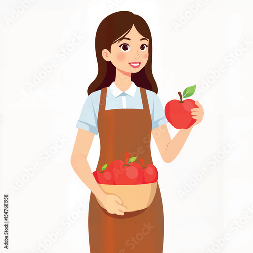 Happy girl holding apples in apron, fresh produce concept