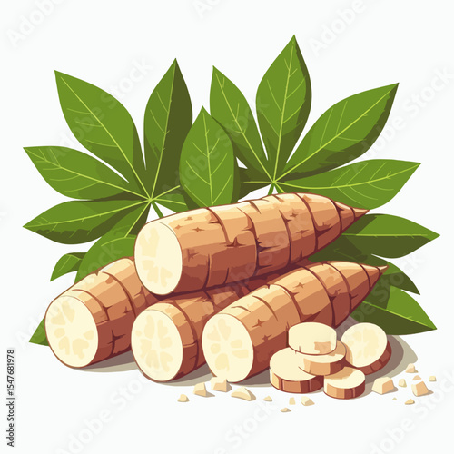 Detailed graphic illustration displays a group of cassava roots, with slices, and leaves, on a white background.  The image highlights the root structure and provides a nutritional representation.