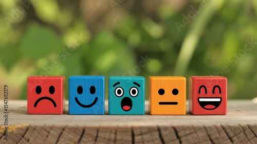 Wooden Blocks with Emojis Showing Different Emotions on Wooden Surface