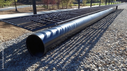 Long Black Pipe Resting on Gravel Next to a Metal Structure