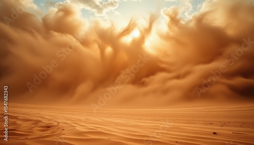 Sandstorm in the Desert with Dramatic Clouds and Bright Sunlight