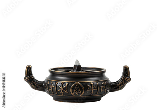 Bronze incense holder with esoteric symbols featuring a gray incense cone centered on top