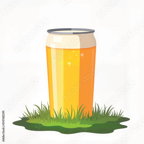 Craft beer can in grass illustration, refreshing beverage concept