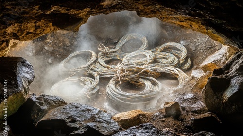 Lush Cave with Steam and Coils of Wire Surrounded by Rocks
