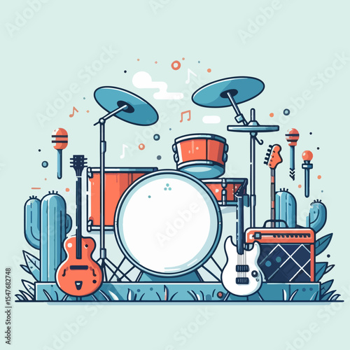 Vibrant graphic design featuring a drum kit, guitars, and musical accessories, situated amongst cacti, creating a visually appealing and simple illustration.