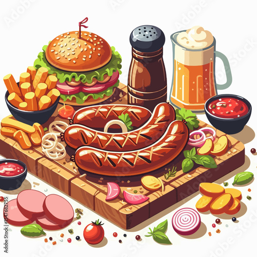 Graphic illustration of a platter of food, including a burger, fries, sausages, beer, and various other items, in a colorful and appetizing display.