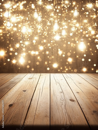 Wallpaper Mural Wooden floor and string lights. Glowing bokeh and sparkle background. Holiday party or celebration backdrop. Copy space. Torontodigital.ca
