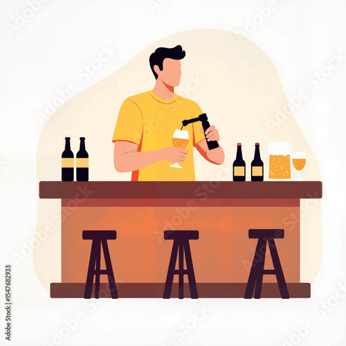 Guy pouring beer at bar, enjoying a lively atmosphere